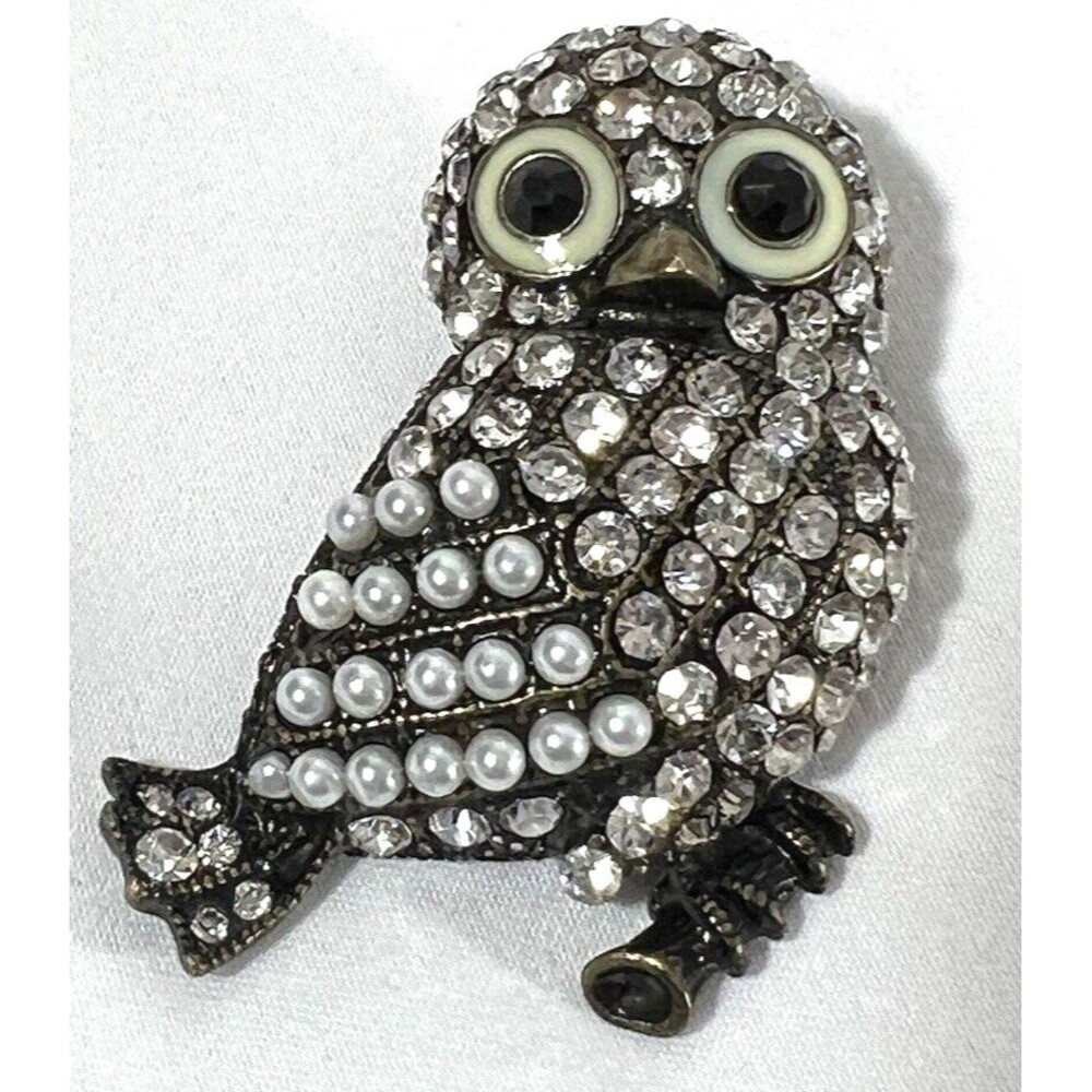 Owl Large Statement Brooch Pin Clear Rhinestones Faux Pearls Bronze Tone Metal